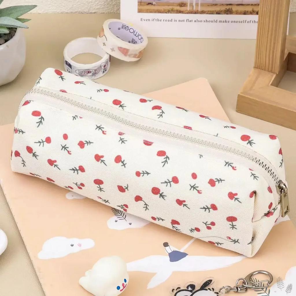 1 шт. кремовый пенал с цветочным рисунком для студента, эстетичный ретро-пенал с цветочным рисунком, большая вместительная сумка для хранения канцелярских принадлежностей