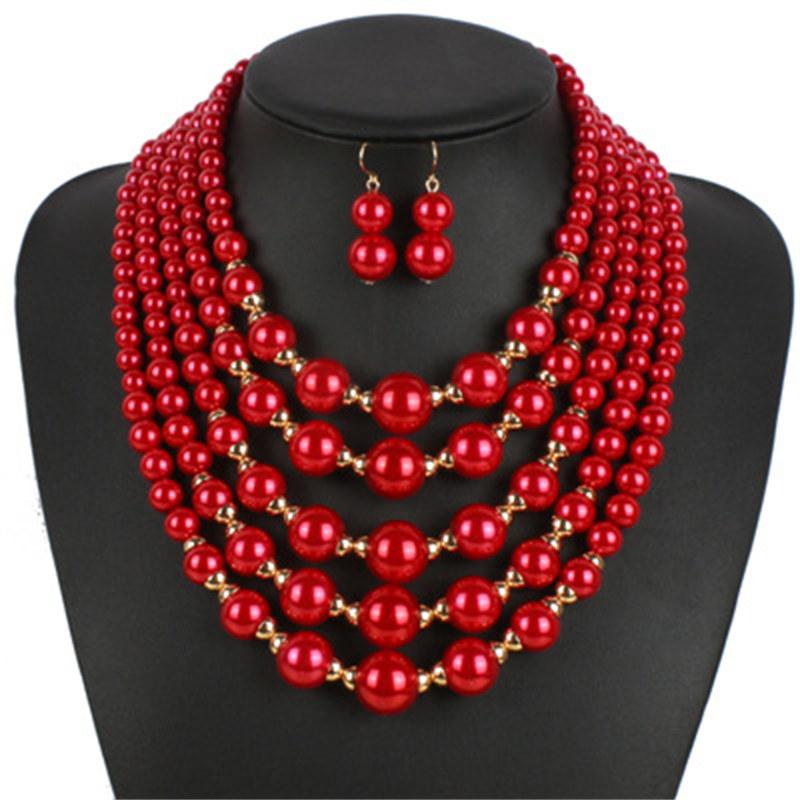 Imitation Pearl Exaggerated Women's Fashion Short Necklace Multi-layer Necklaces with Earrings GZW