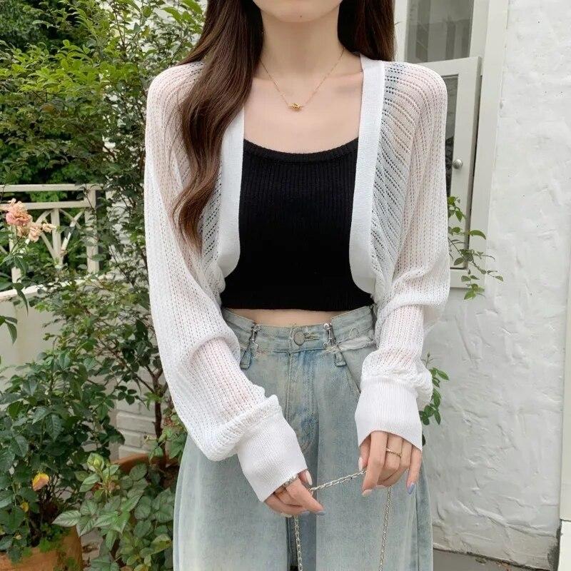 White Hollowed Out Knitted Cardigan Sweet Versatile Women Short Top Loose Shawl Thin Coat New Fashion Commuting Spring Autumn