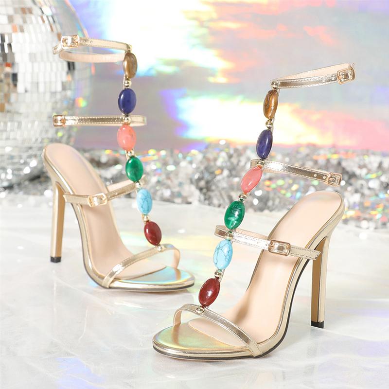 Liyke Bohemian Style Fashion Color Gem Strap Designer High Heels Sandals Women Summer Open Toe Wedding Bank Shoes