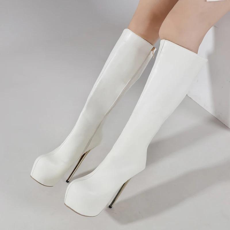 Eilyken Белые женские сапоги до колена в стиле панк с застежкой-молнией и круглым носком на очень тонком каблуке, зимние ботинки для мотоциклистов на платформе