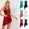 Womens Cross Back Asymmetrical Hem Dress Glittery Rhinestone Sleeveless Dresses for Figure Skating Dance Performance