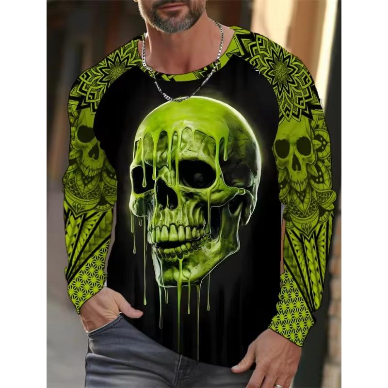 Men's Long-sleeved T-shirt 3D Printed High-definition Skull Stitching Printing Men's Autumn Tops Casual Round Neck Home Clothes