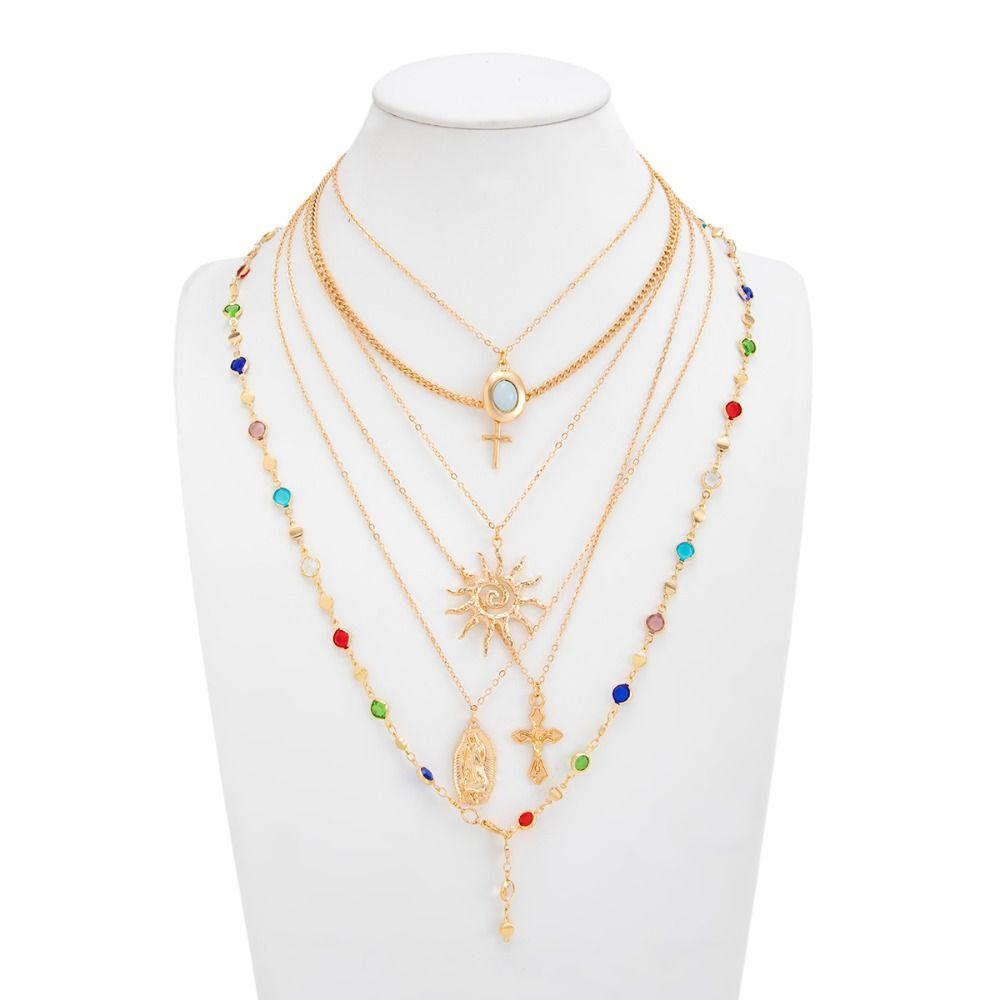 Cross Colorful Crystal Necklace Set Y-Shaped Beads Chain Choker Sea Beach Jewelry