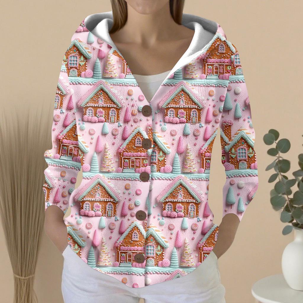 Женский модный повседневный свитер на пуговицах с принтом, кардиган, куртка с капюшоном