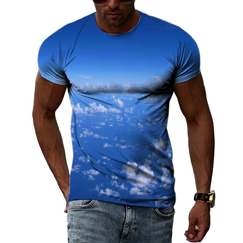 Летние мужские футболки с голубым небом и белыми облаками с 3D принтом, модные повседневные индивидуальные простые футболки с короткими рукавами и круглым вырезом, топы