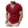 Men Summer T-shirt Short Sleeves Buttoned V Neck Contrasting Color Slim Fit Casual Pullover Mid Length Top for Outdoor Sport