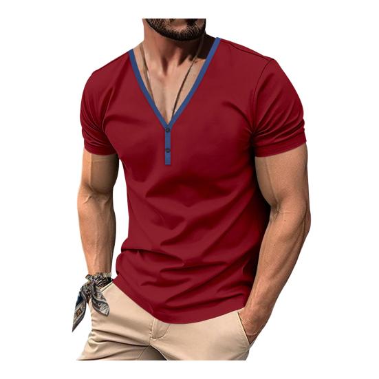 Men Summer T-shirt Short Sleeves Buttoned V Neck Contrasting Color Slim Fit Casual Pullover Mid Length Top for Outdoor Sport