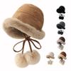 Women's Winter Fur Pom Pom Plush Ear Warmer Bucket Fisherman Hat with Ties