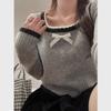 French Square Neck Bow Temperament Thin Short Sweater Women's Spring and Autumn Contrasting Color Versatile Long-sleeved Knitted Sweater Top Women
