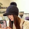 Women Winter Knitted Beanie Visor Hat with Earflaps Faux Fur Pom Fuzzy Wide Brim Thick Warm Hat Outdoor Solid Soft Cuffed Cap