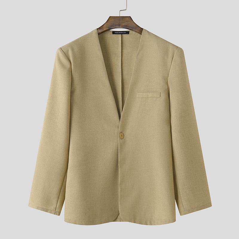 INCERUN Мужские тонкие пиджаки без воротника с длинным рукавом на одной пуговице