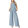 Women's Casual Summer Two Piece Outfits Cotton Linen Sets Cutout Sleeveless Top Wide Leg Pants Matching Set