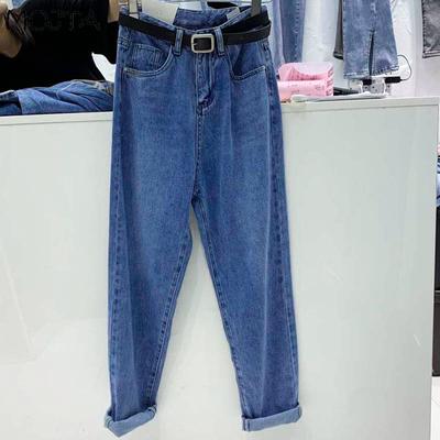 Женская мода, весна-лето, универсальные джинсы с высокой талией, женские студенческие свободные шаровары, девятые брюки