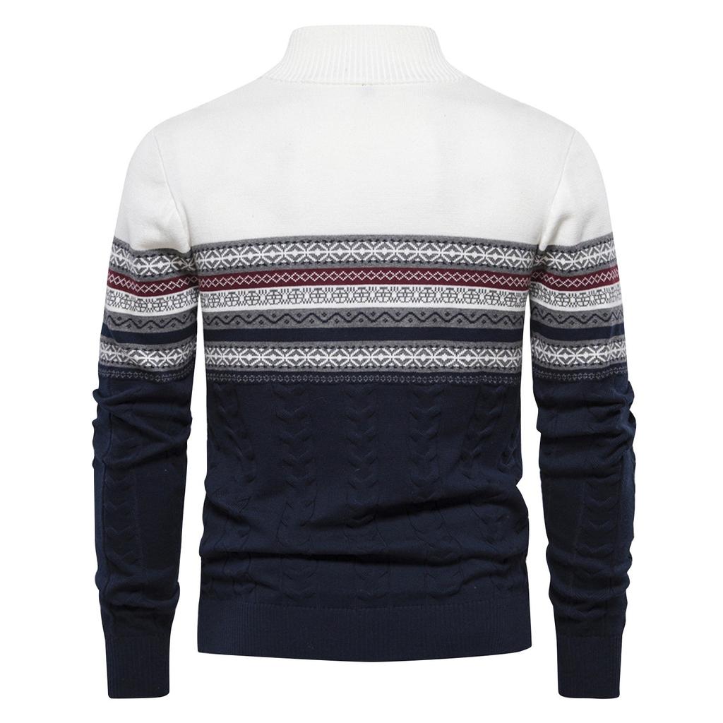 Men's Winter Print Stand Collar Half Zipper Slim Fit Knit Long Sleeve Top
