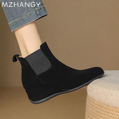 Модные женские ботильоны на танкетке из замши, дизайнерская женская обувь, тренд 2025 года, зимние сапоги, модные зимние ботинки для ходьбы, новые готические женские ботинки челси