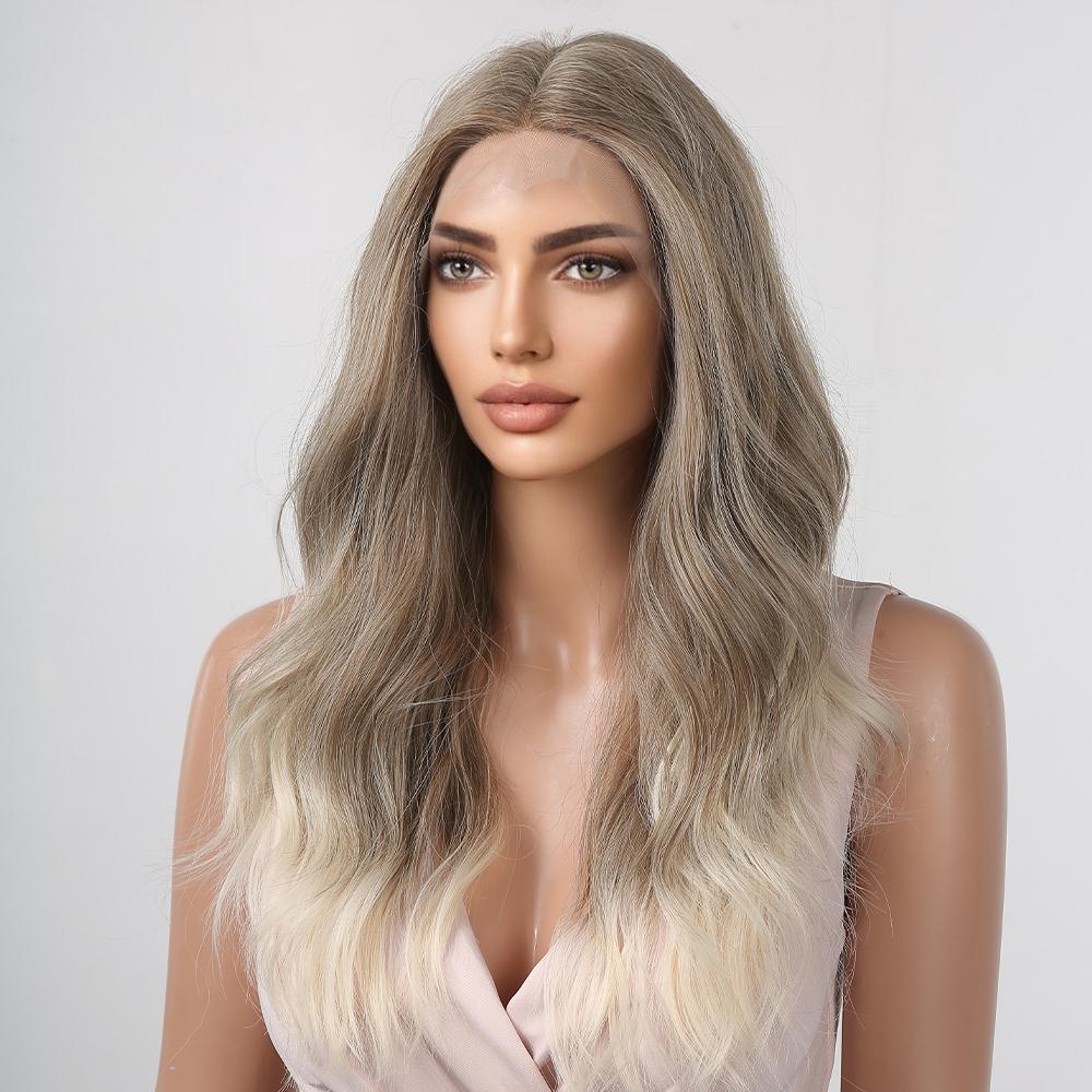 ALAN EATON Синтетический передний парик с кружевом Длинные волнистые парики Ombre Grey to Blonde Ежедневно для женщин Высокая плотность Термостойкие волосы