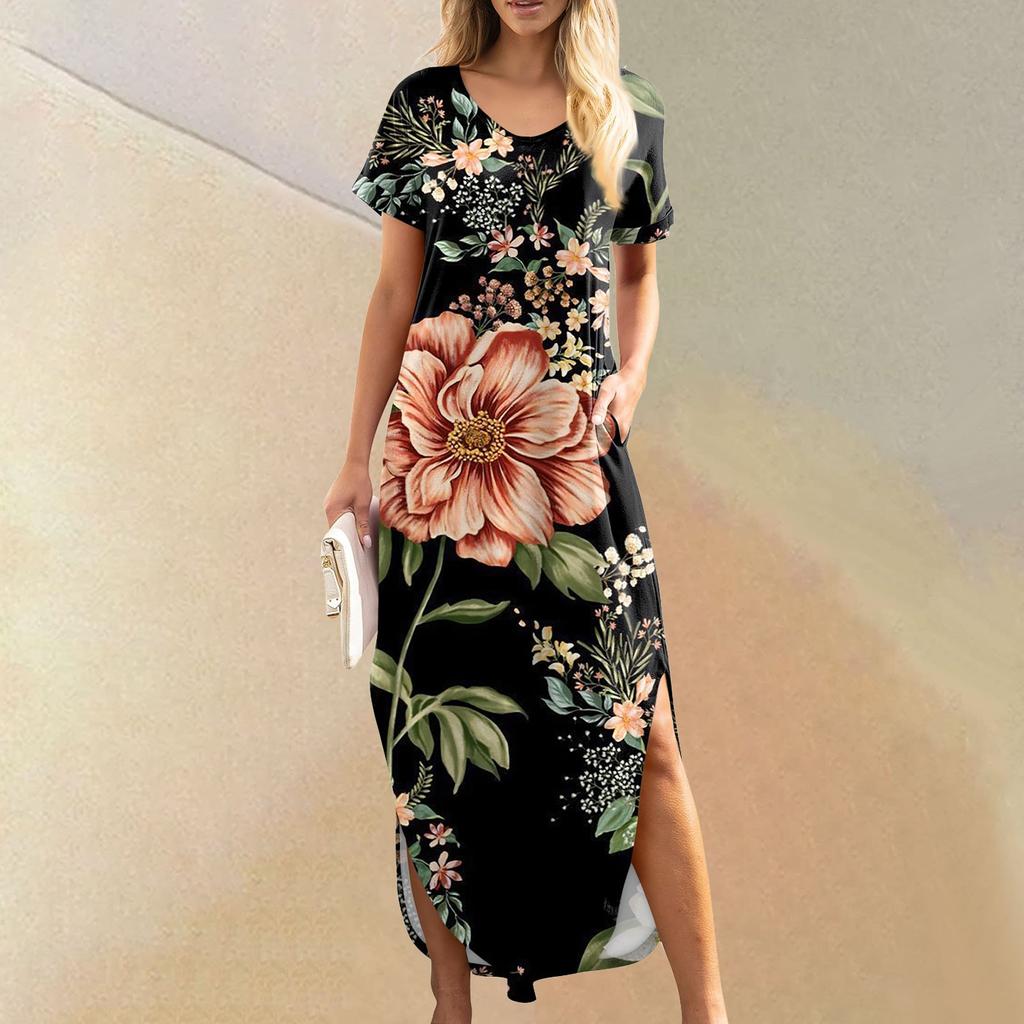 Women Summer Casual Loose  V Neck Short Sleeve Beach Maxi Long Dresses Trendy Outfits