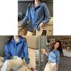 Retro Navy Denim Shirt For Women With Long Sleeves And Pockets For Casual Office Wear