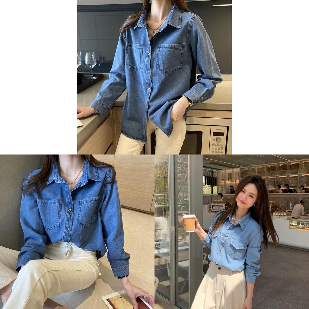 Retro Navy Denim Shirt For Women With Long Sleeves And Pockets For Casual Office Wear