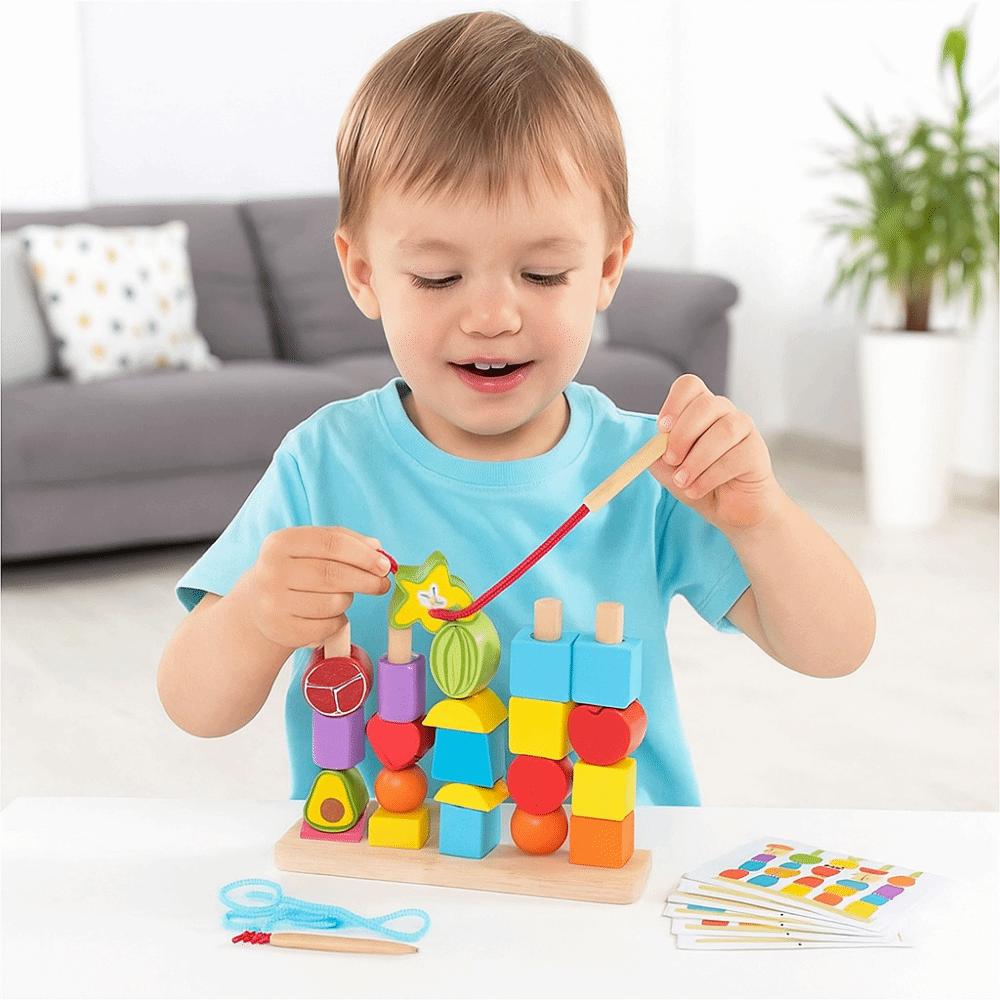 Montessori Color Shape Cognition Toys Fruit Color Shape Wooden Beads Sequencing Toy Boys Girls
