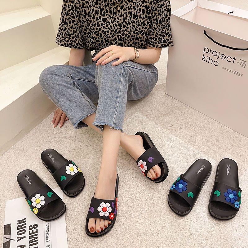Модные тапочки, женские летние домашние нескользящие домашние туфли, мягкая верхняя одежда на толстой подошве, сандалии с цветочным узором