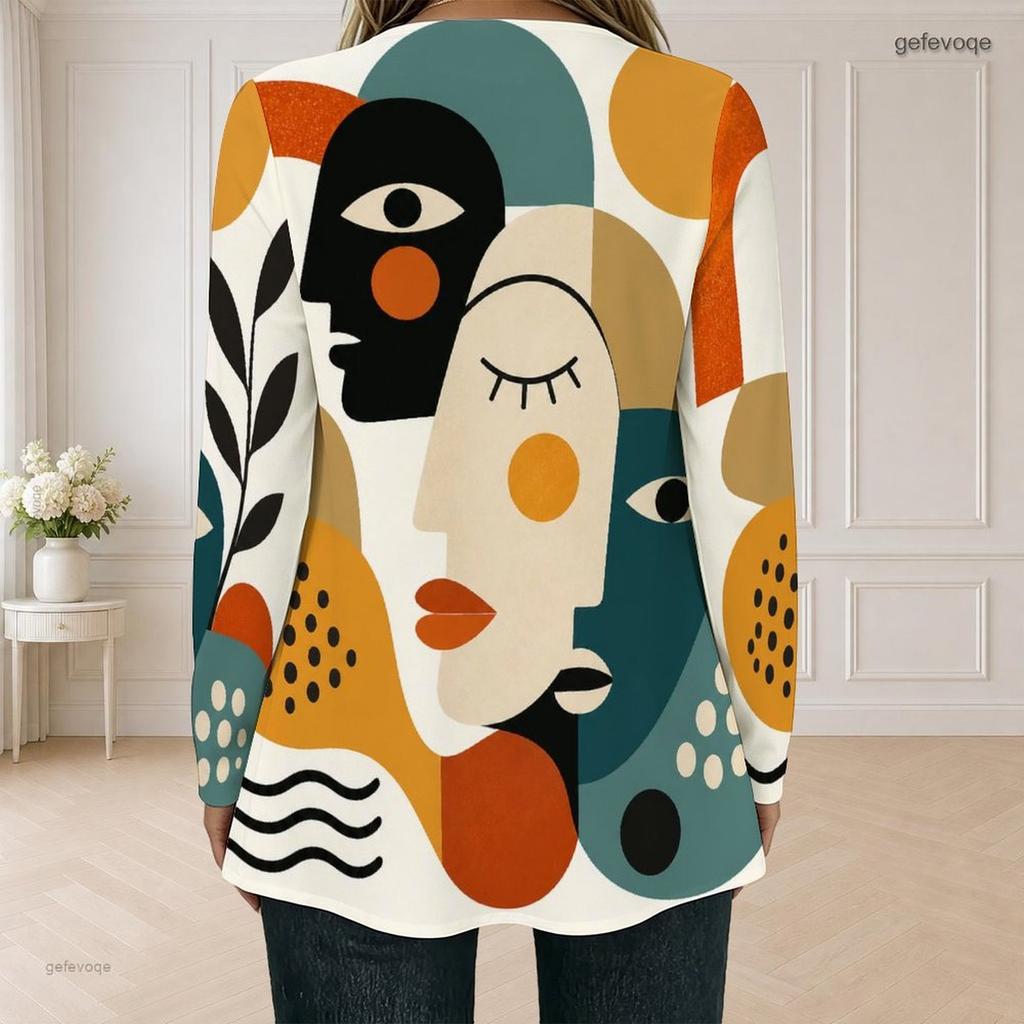 Women Plus Size Square Neck Long Sleeve Printed Button Detail Faux Two Piece Top