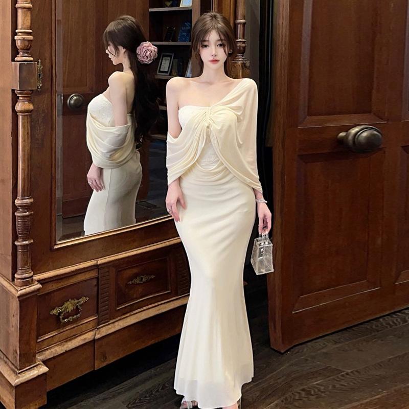 Французский топ-труба плиссированная сетка обтягивающее платье-рыбий хвост женское