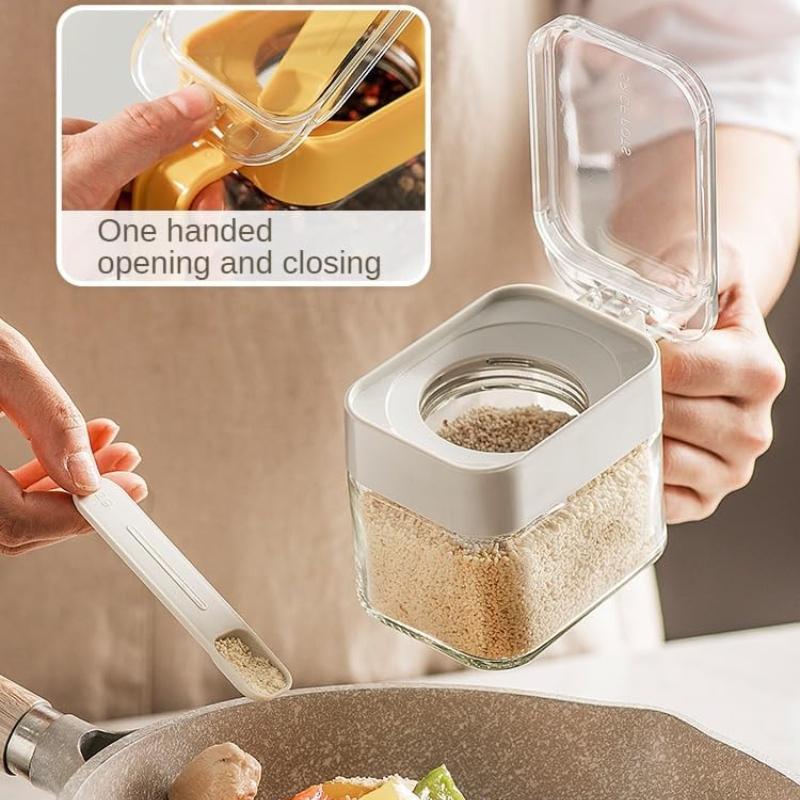 Condiment Jar Spice Container Sugar and Salt Container Set Glass Seasoning Box with Spoon Dustproof Lid and Handle