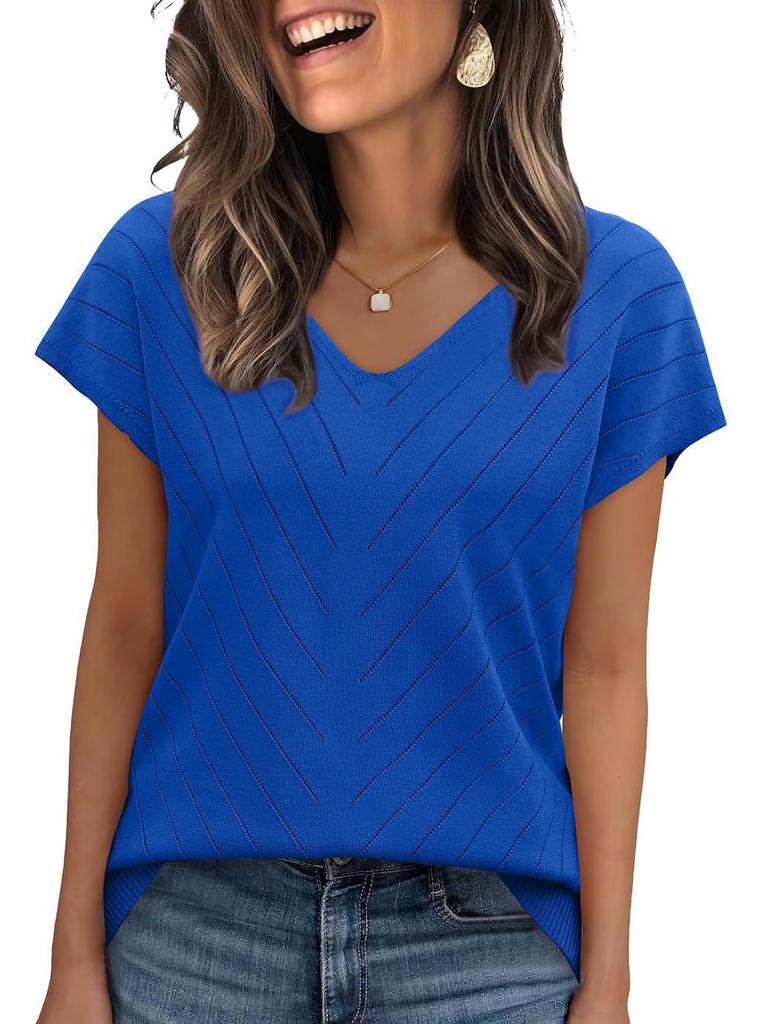 Летний горячий тренд 2026 года Пляжный отдых Короткий рукав V-образный вырез Ажурный повседневный вязаный свитер для женщин