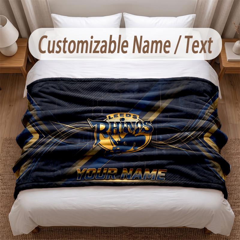 Leeds Rhinos Printed Flannel Blanket Custom Name Text Soft Warm Throw For Bedroom Holiday Gift