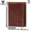Genuine Leather Men Wallet Rfid Brush Slim Card Bag Anti-theft Chain