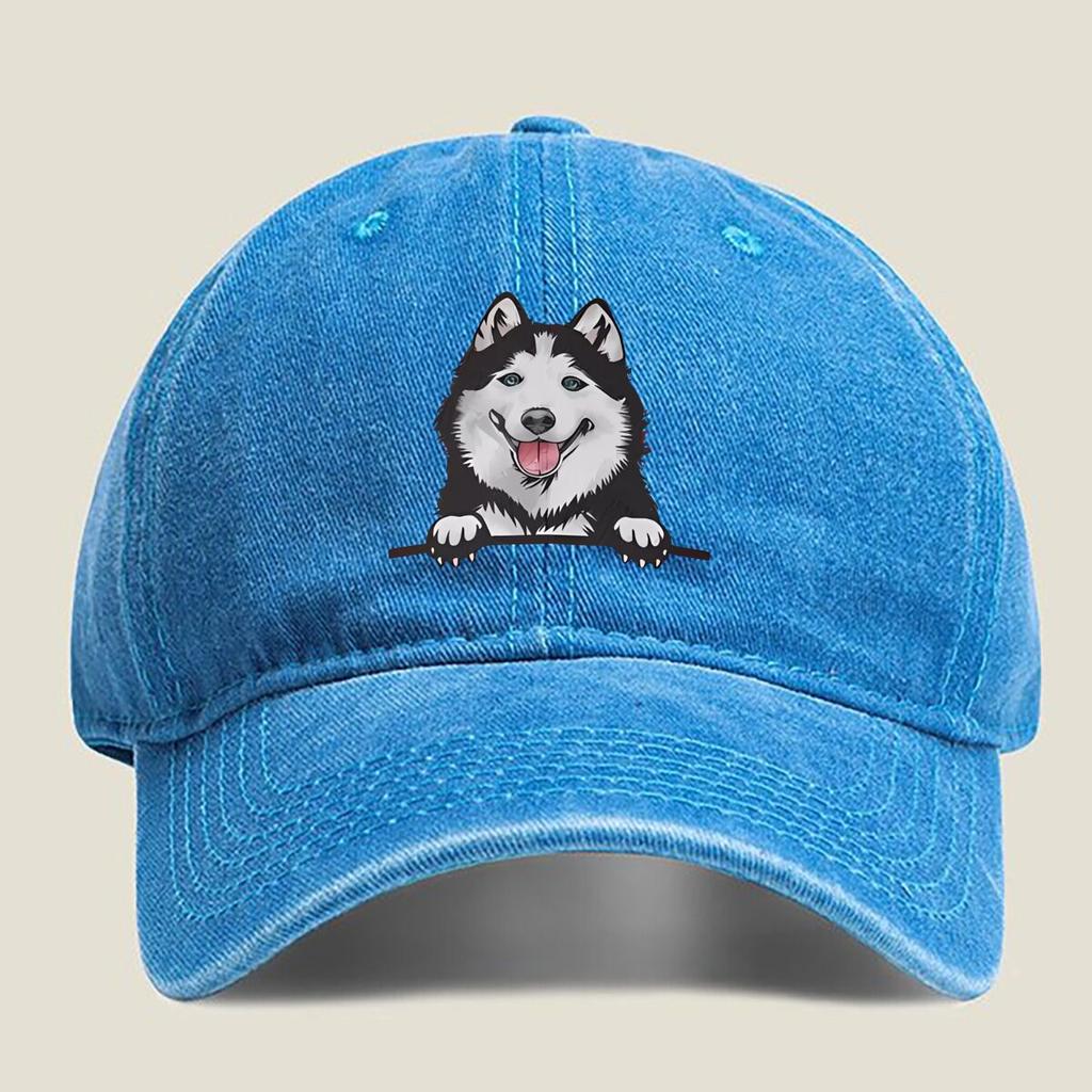 Happy Husky Portrait Fashion Washed Baseball Cap Hat Outdoor Activities