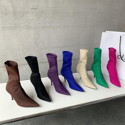 Эластичные короткие ботильоны женские на высоком каблуке ботинки-носки тонкие ботильоны ботильоны на среднем каблуке 2025 новые тонкие ботильоны