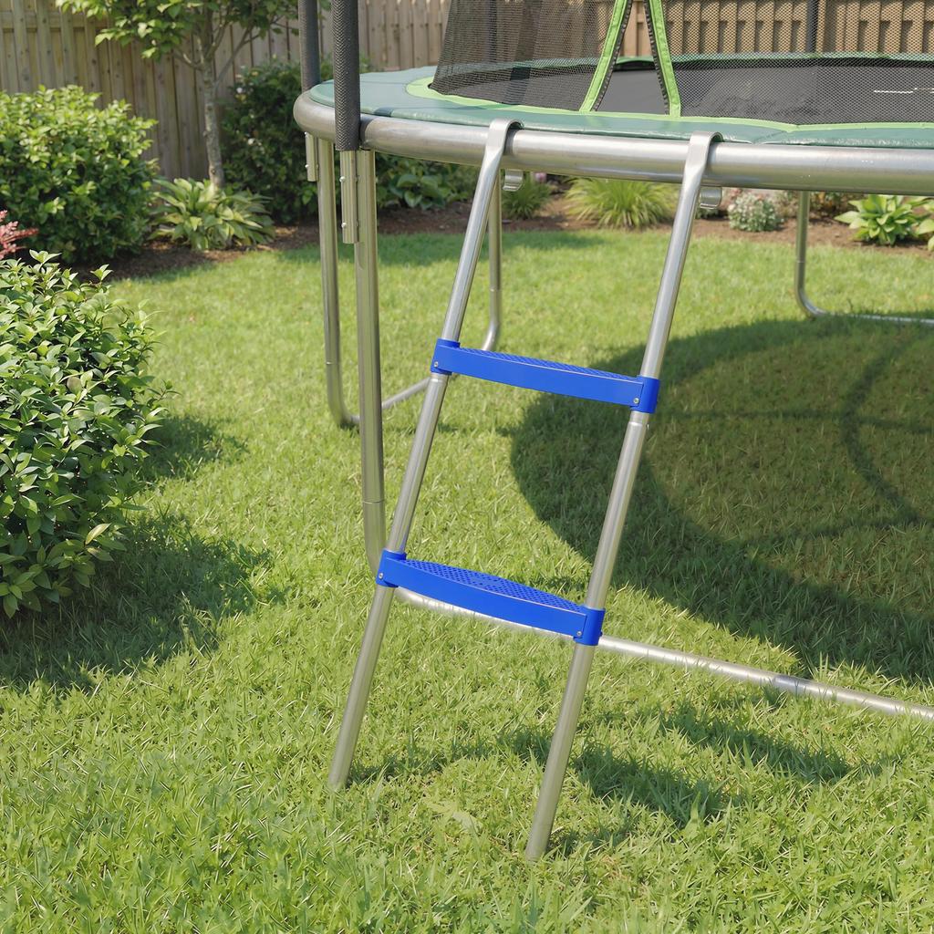Trampoline Ladder 2 Steps With Horizontal Wide Steps Universal Hook Galvanised Steel Frame 150kg Load Capacity