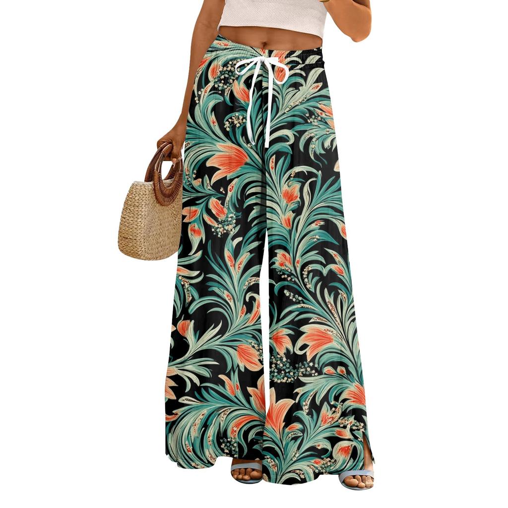 Women's Loose Casual Floral Print Wide Leg Pants With Elastic Waist Drawstring And Pocket Pants