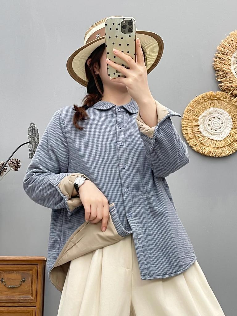 Стильная женская стеганая рубашка-куртка в клетку с хлопковым наполнителем - Коллекция Осень/Зима 2025, Теплый повседневный топ (Стиль 86536)