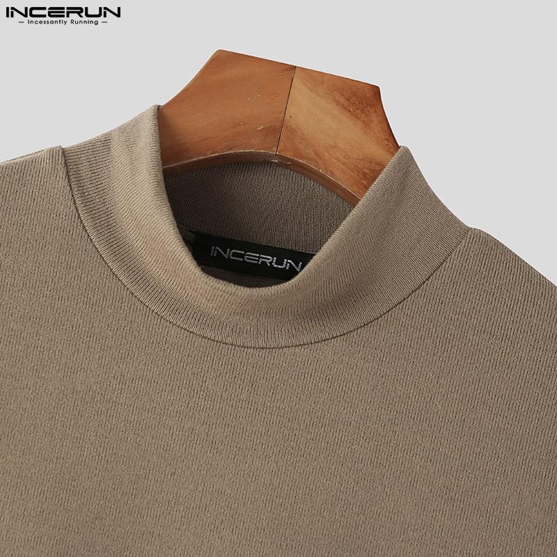 INCERUN Мужские футболки с коротким рукавом и воротником-стойкой, однотонные базовые топы