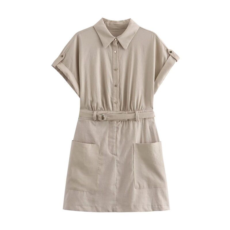2024 New Arrival Fashion Silm Lapel Curling Short Sleeve Linen Blended Mini Shirt Dress 0387059