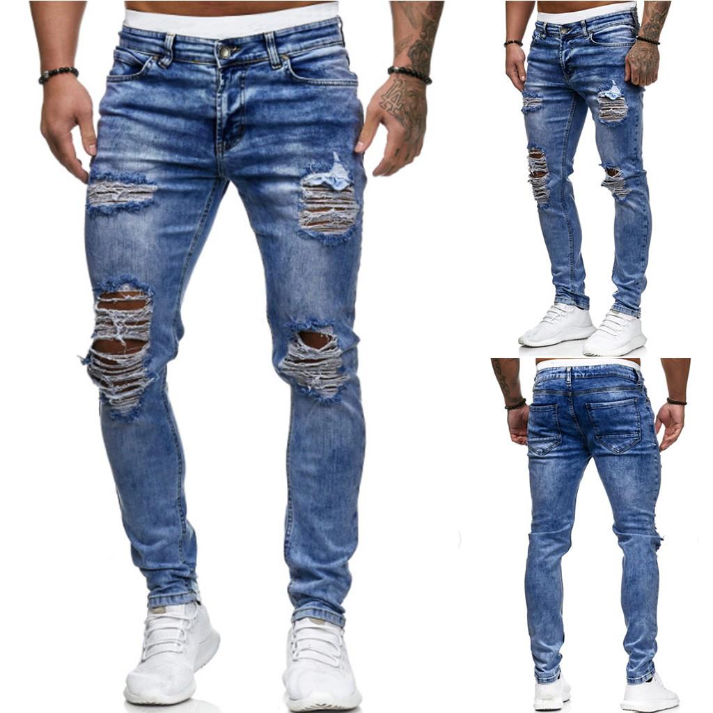 Men's Fashion Denim Hole Trouser Distressed Jeans Long Pencil Pants Streetwear