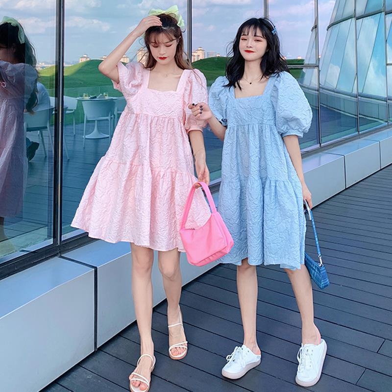 2023 Summer French Puff Sleeve A-Line Square Neck Dress for Women