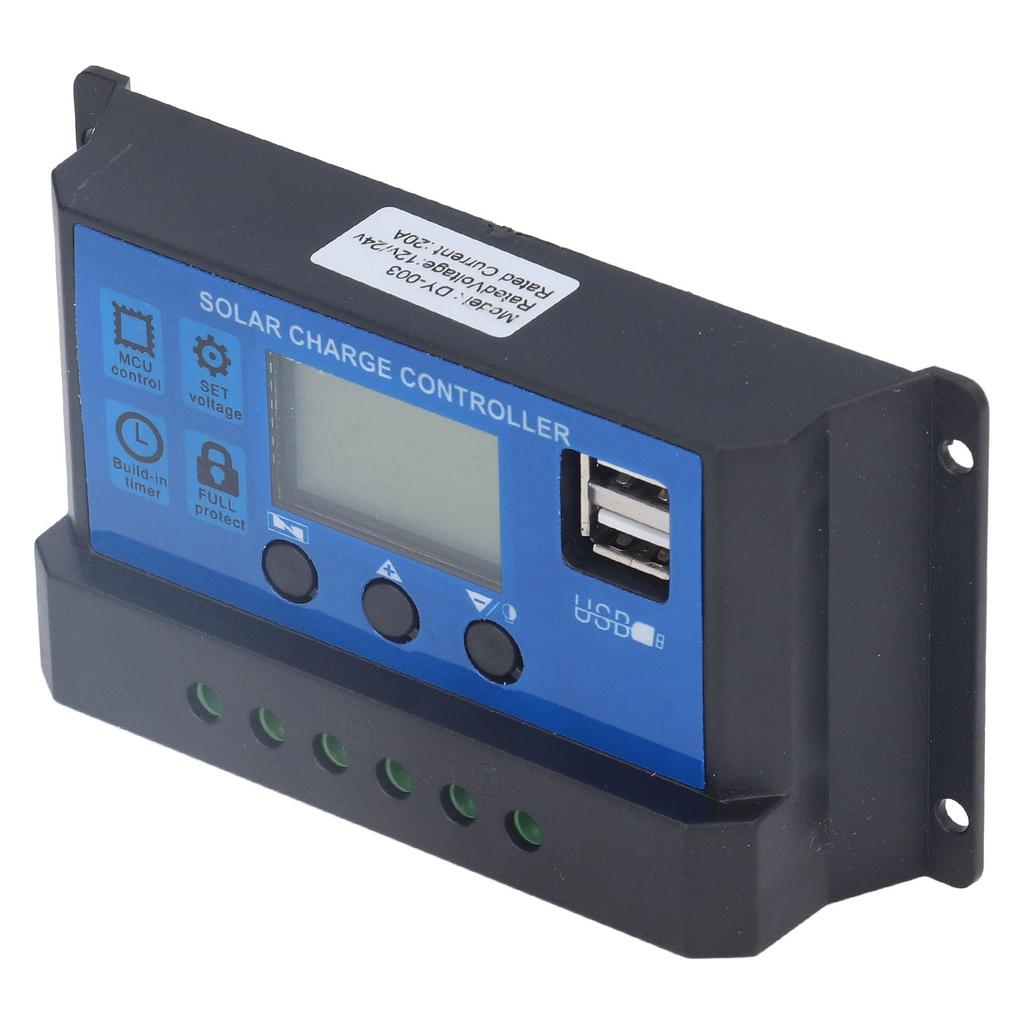 Solar Charge Controller LCD Automatic Identification with 5V Smart 2 USB Port 20A 12V 24V