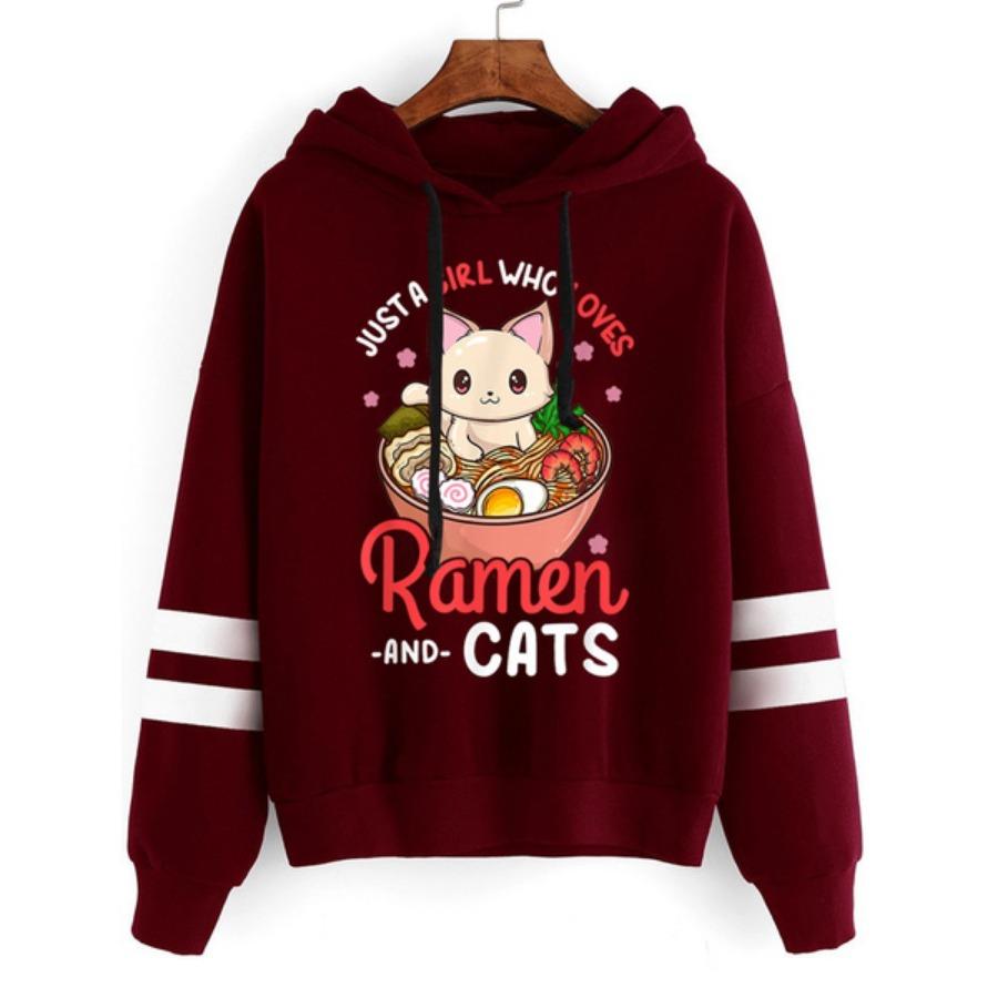 Женские/мужские толстовки с капюшоном Just A Girl Who Loves Ramen And Cats Print Hoodies Толстовка Зимняя повседневная уличная одежда Топы больших размеров