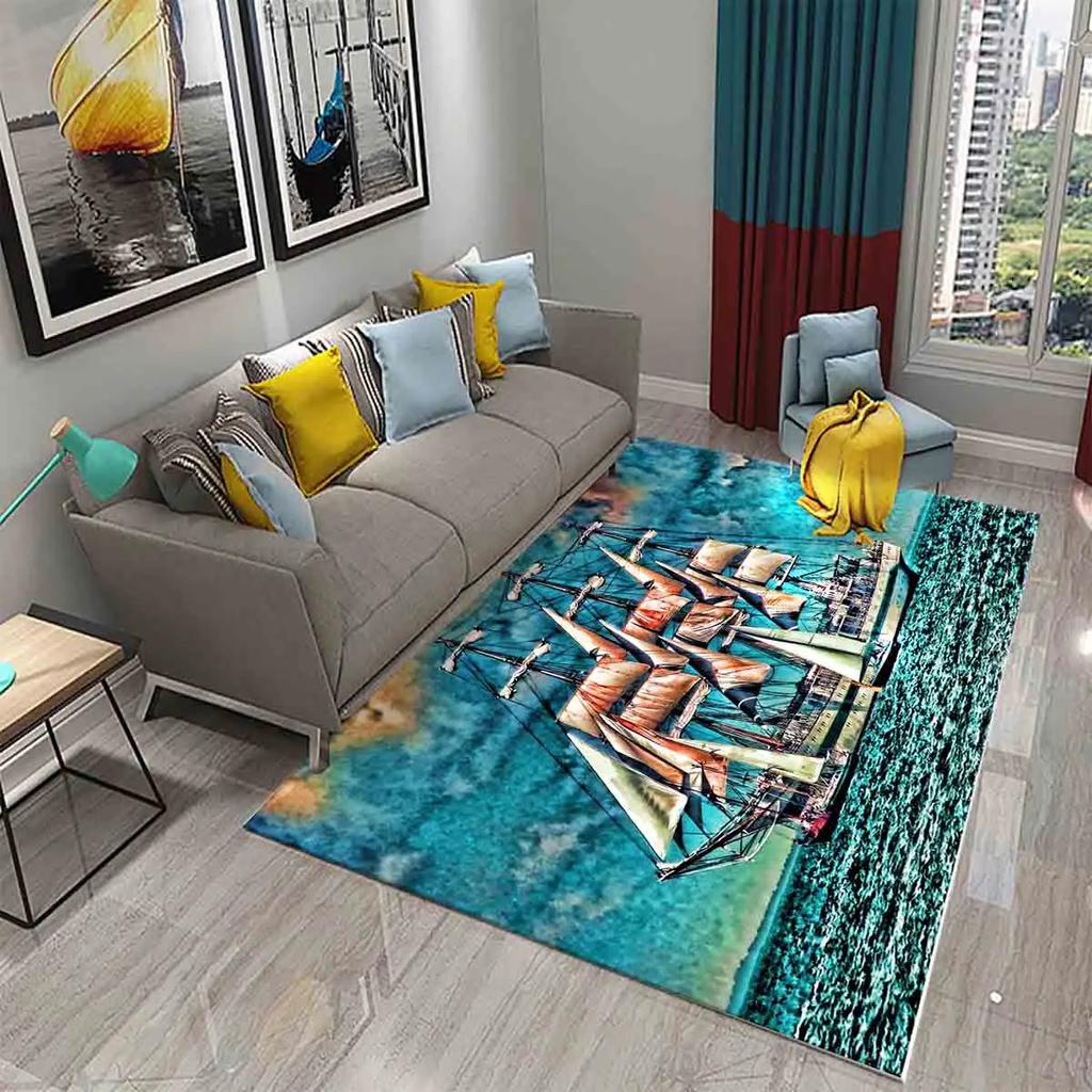 3D Oil Painting Sailboat Carpet Abstract Art Rugs for Living Room Bedroom Decor Mats Bathroom Kitchen Entrance Non-Slip Carpet