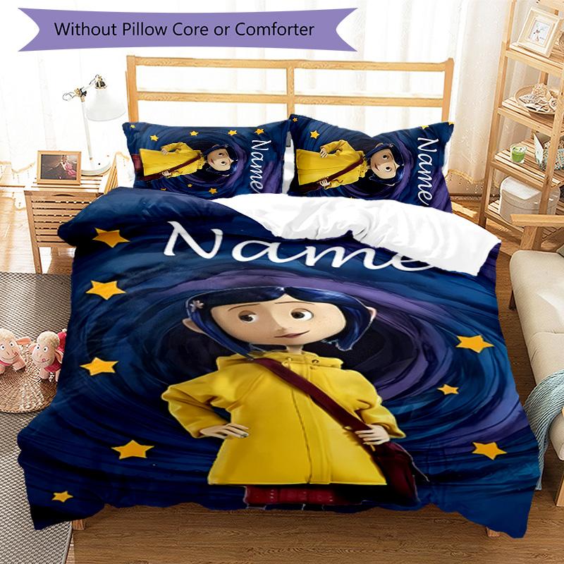 3pcs Coraline1 Cover Set - Personalized Name, HD Printed Bedding with 1 Cover and 2 Pillowcases - Perfect for Home Decor, Easy Care