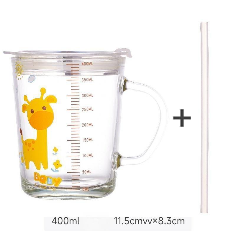 High Quality Kids Straw Cup with Lid and Handle Cute Glass Tumbler with Scale for Water Tea Milk Coffee Elephant Cartoon Pattern