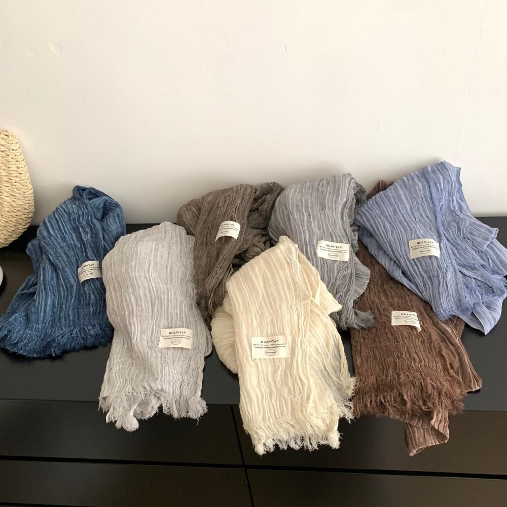 New Autumn and Winter Warm Long Solid Color Pleated Cotton and Linen Scarf Women's Shawl Versatile Yarn Fringed Scarf