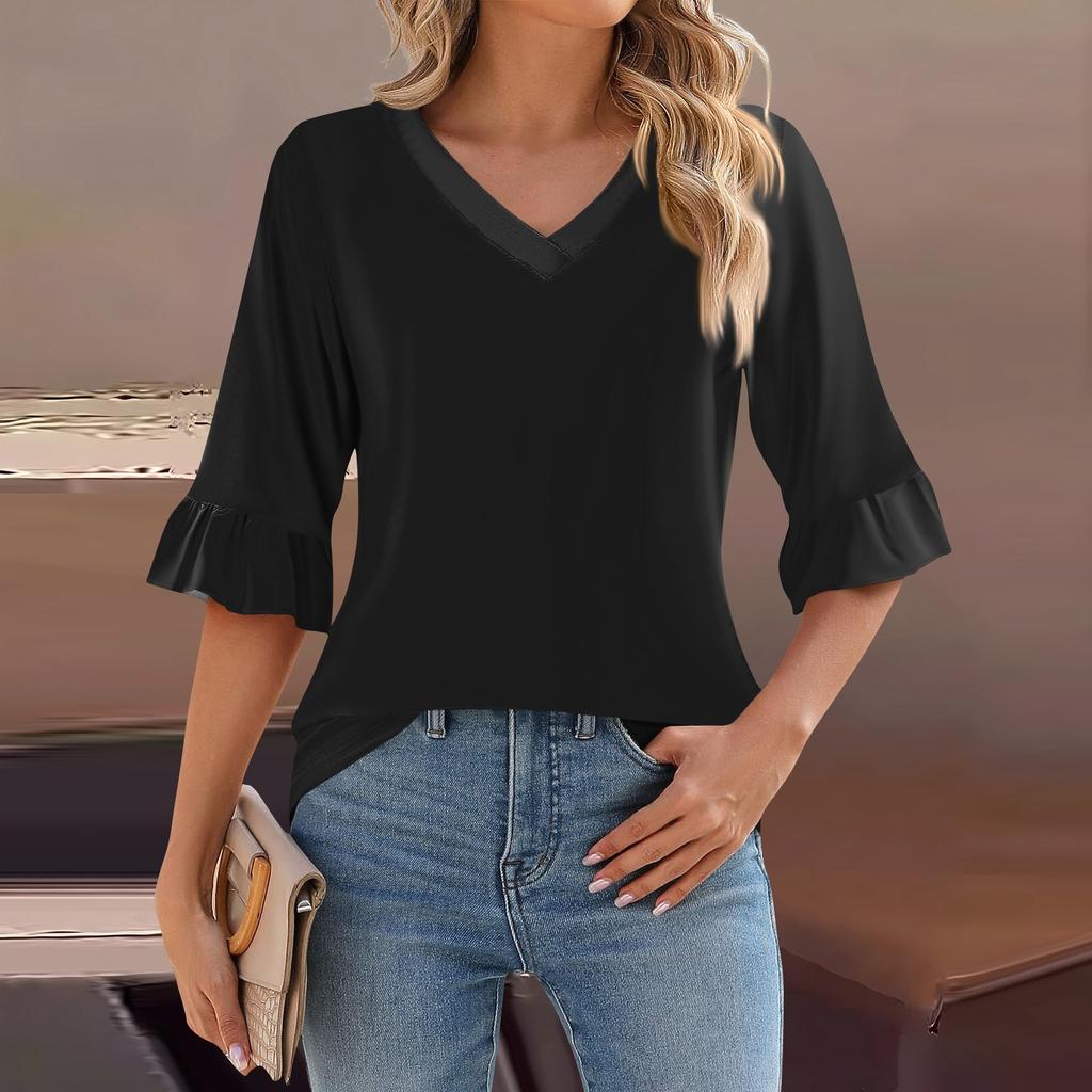 Женский повседневный топ с рукавами 3/4, летняя футболка с v-образным вырезом и пышными рукавами