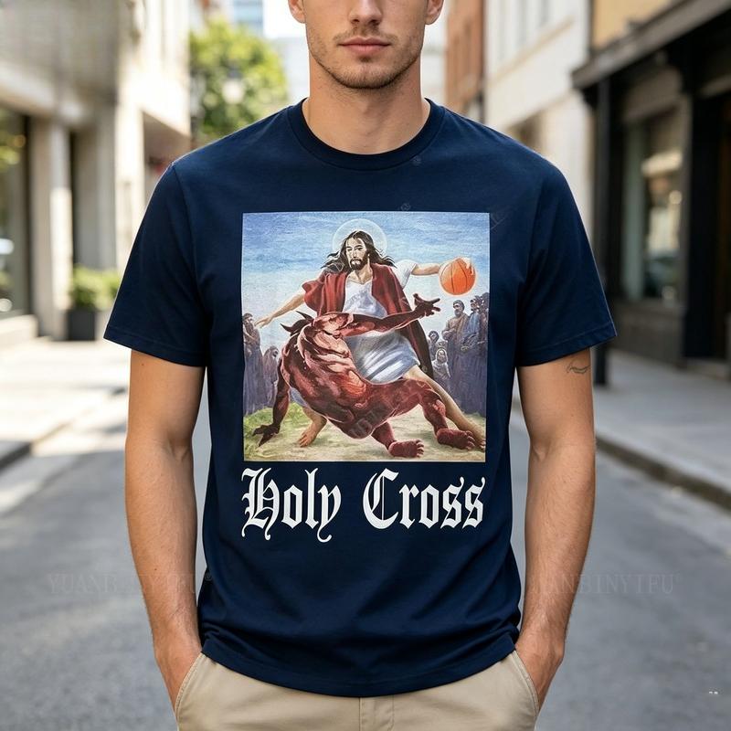 Funny Jesus Basketball Meme T-Shirt 'Holy Cross' Graphic Tee Religious Humor Apparel For Men And Women