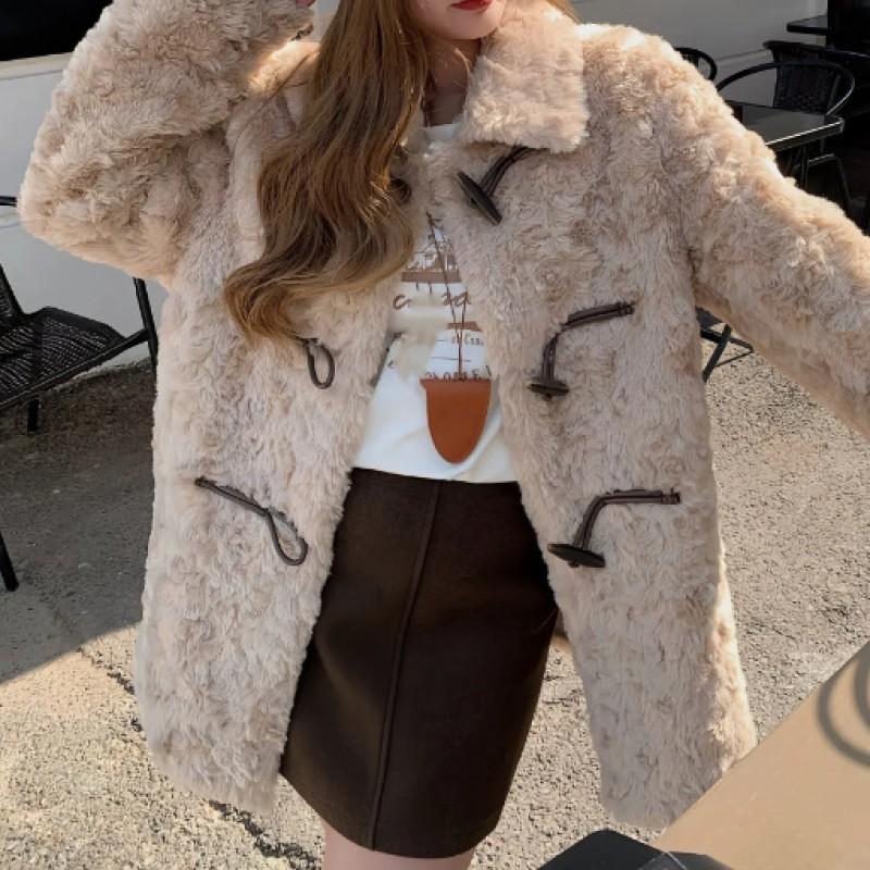 Womens Warm Faux Fur Coat With Horn Buttons Loose Fit Mid-Length Winter Outerwear